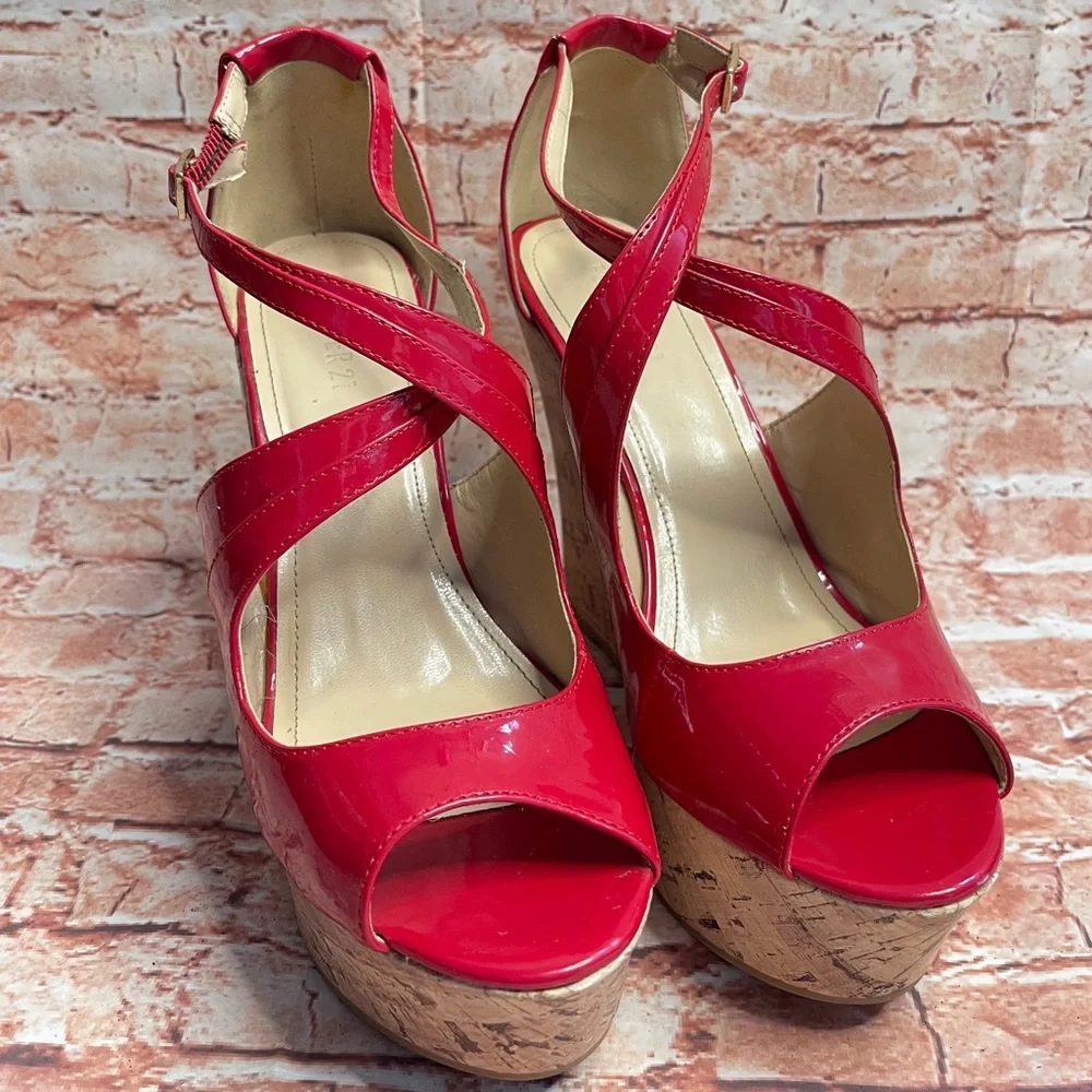 Forever 21 Red Peep Toe Ulta High Patent Leather Wedges with Cork Platform